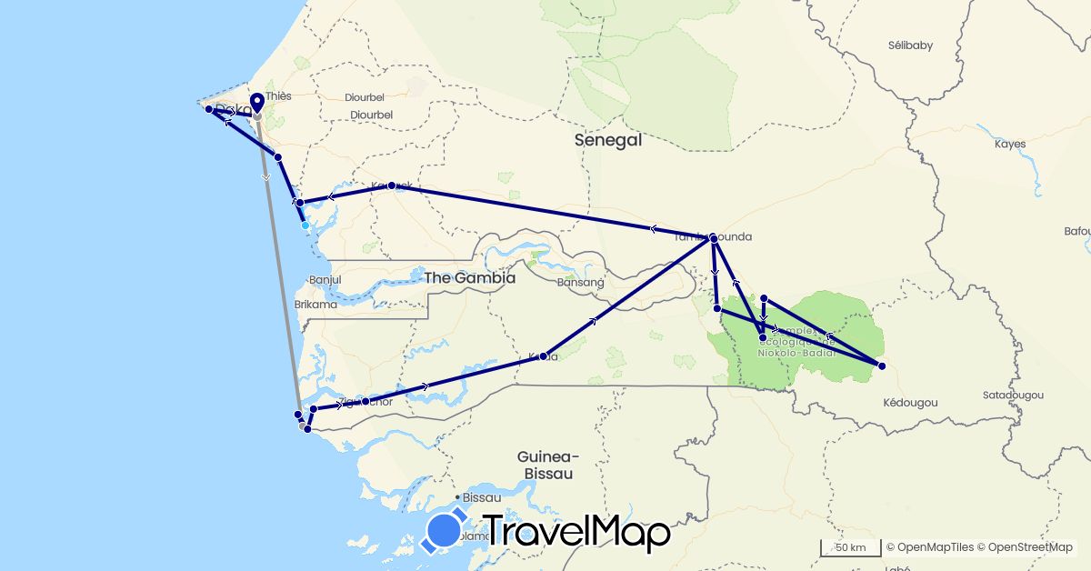 TravelMap itinerary: driving, plane, boat in Senegal (Africa)